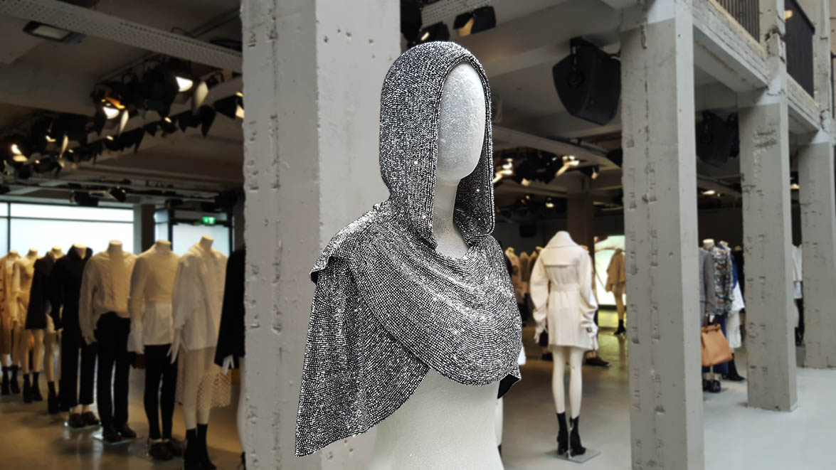 Burberry hooded cape made from small silver beads