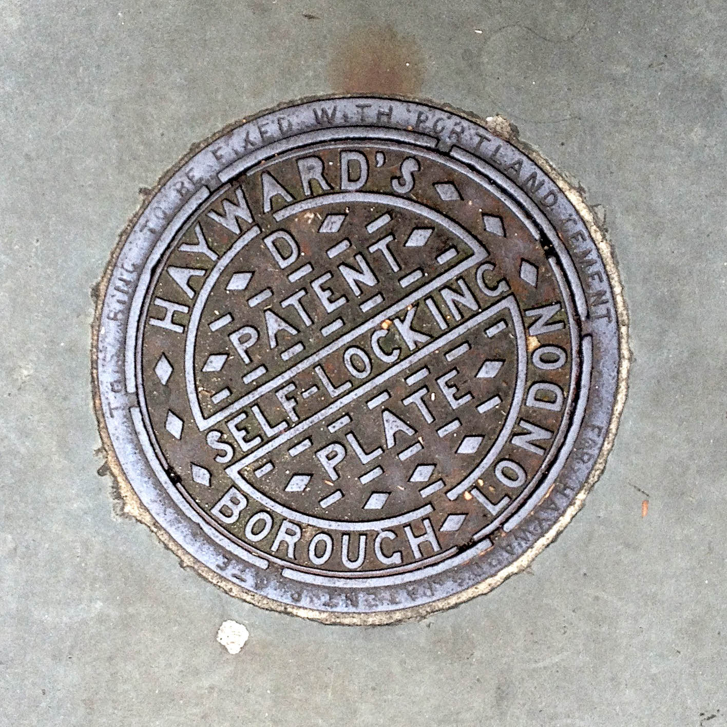 Manhole Cover, London - Cast iron, inscribed with Hayward's Borough London, D Patent Self Locking Plate