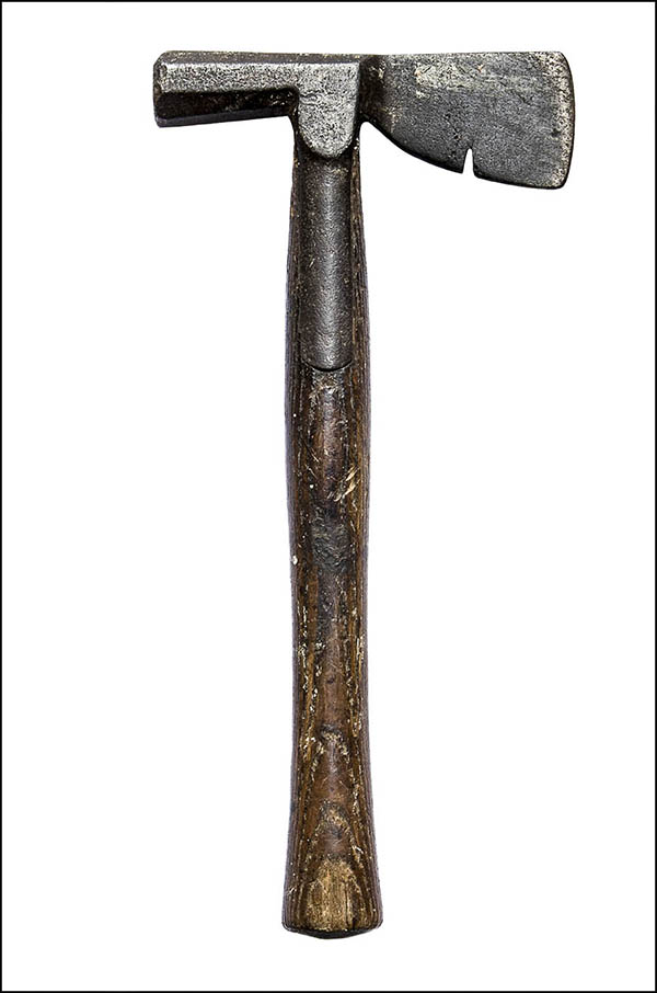 Lathe hammer - blunt and axe ends, metal strap, wooden handle - Antique