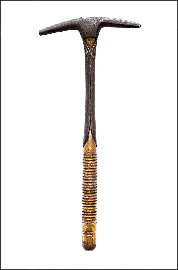 Curved tack hammer - two small ends, metal collar, grooved wooden handle - Antique