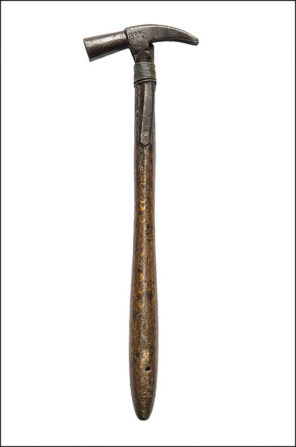 Curved claw hammer - metal strap, wooden handle, held together with wire - Antique