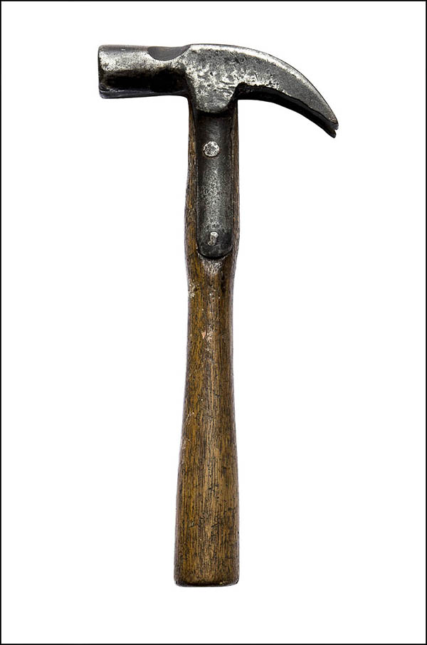 Curved claw hammer - riveted metal strap, wooden handle - Antique