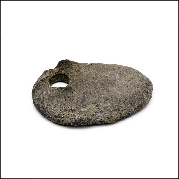 Pebble - oval, cool grey, one eroded hole
