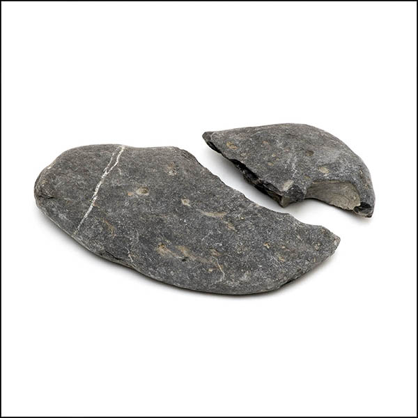 Pebble -  broken uneven oval, cool grey, one eroded hole