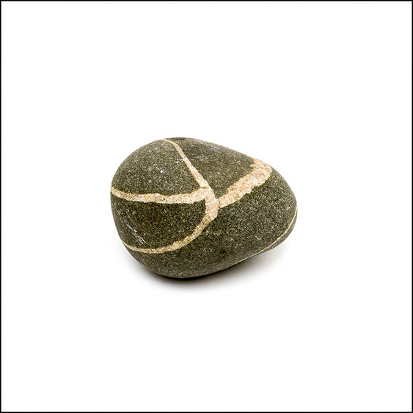 Pebble - uneven oval, cool grey, crossed curved horizontal and vertical stripes