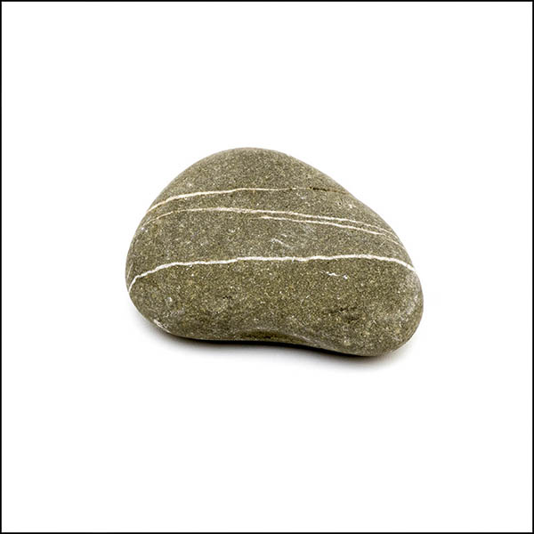 Pebble - uneven shape, warm grey, three thin white horizontal stripes