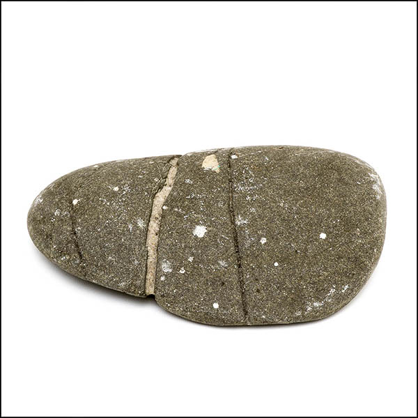 Pebble - uneven oval, warm grey, single white vertical stripe and two eroded vertical lines