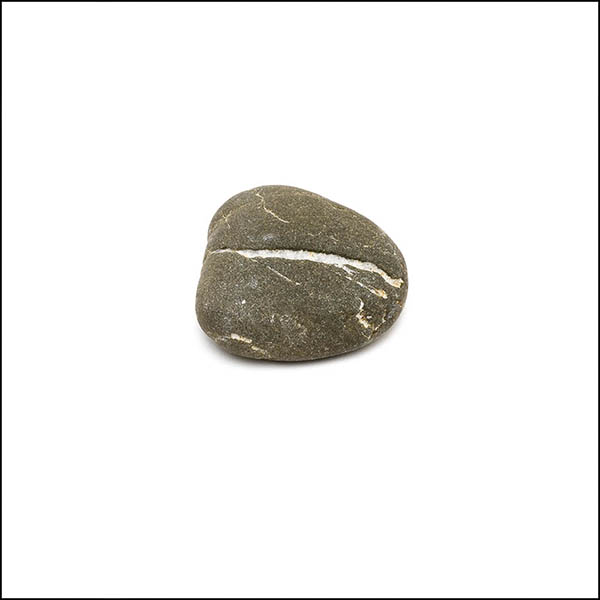 Pebble - uneven shape, warm grey, single white horizontal stripe