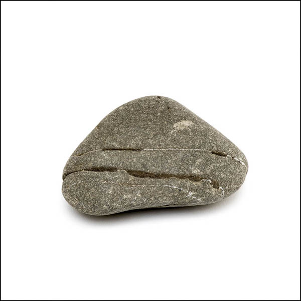 Pebble - rounded triangle, warm grey, two eroded horizontal lines