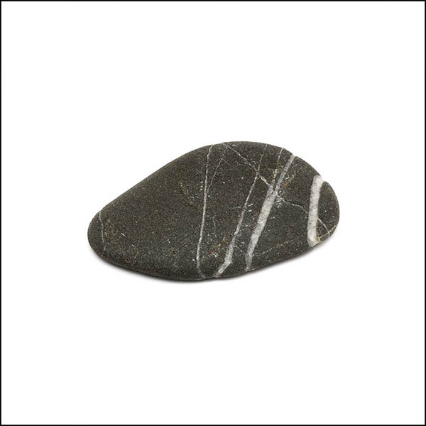 Pebble - tapered oval, cool grey, four white vertical stripes