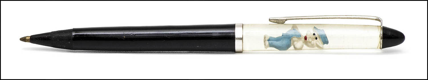 Floaty Souvenir Pen - floating pig in dungarees and cap - black