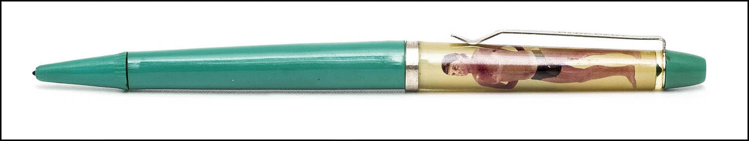 Floaty Souvenir Pen - Pin up, man in swimwear then nude - teal